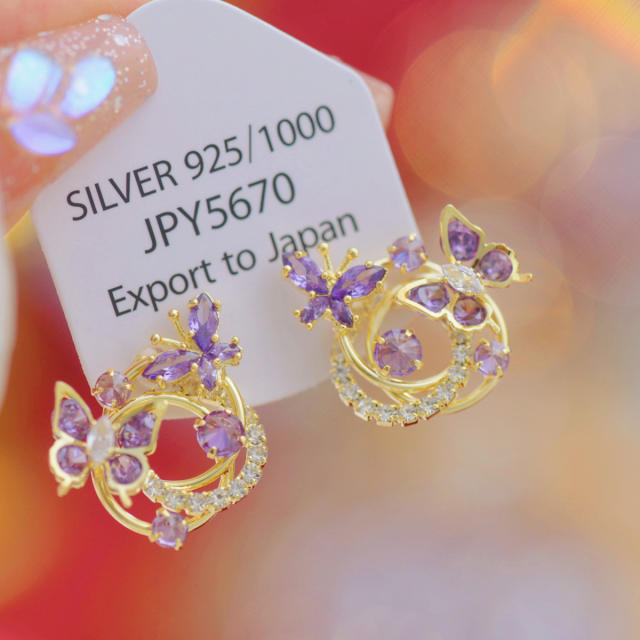 Delicate sweet color cubic zircon butterfly studs earrings clip on earrings