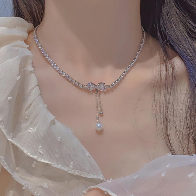 Diamond tennis chain bow choker necklace