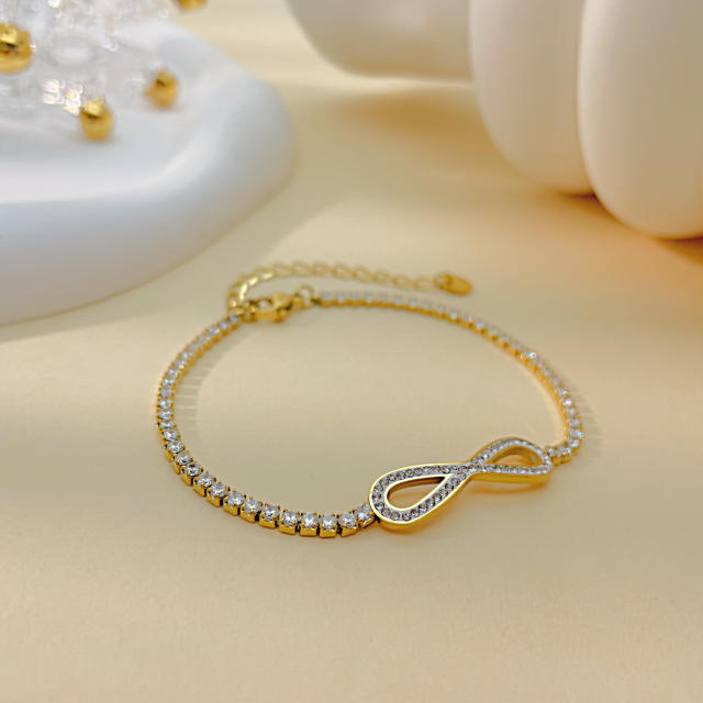 Delicate diamond tennis chain infinity stainless steel bracelet