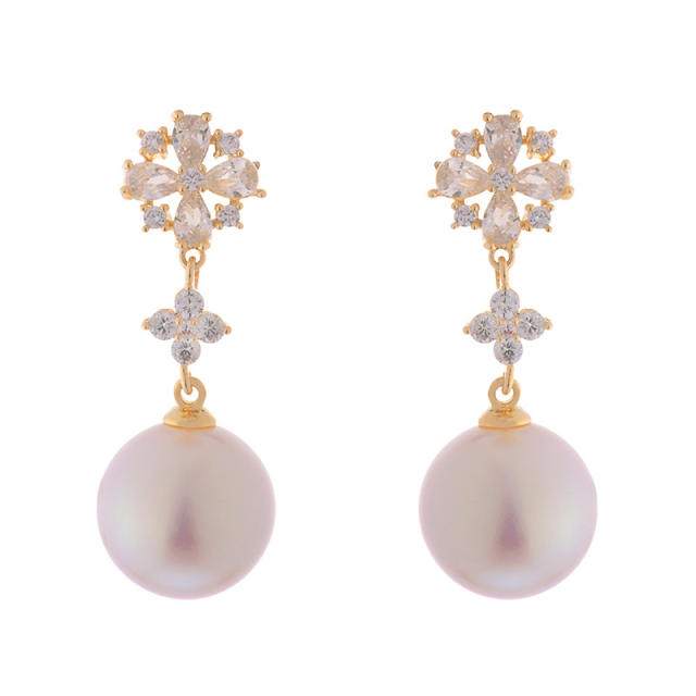 Elegant pearl drop cubic zircon copper long earrings