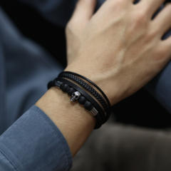 Vintage Volcanic rock bead PU leather bracelet for men