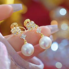Elegant pearl drop cubic zircon copper long earrings