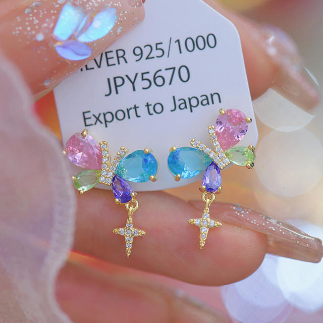 Colorful cubic zircon butterfly chic women studs earrings clip on earrings