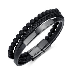 Vintage layer glass bead pu leather bracelet for men