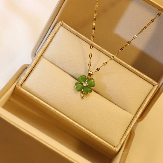 Opal stone colorful clover pendant stainless steel chain necklace