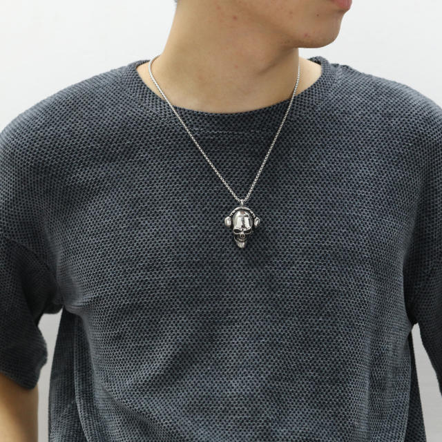 Hiphop headphone skull head pendant stainless steel necklace for men