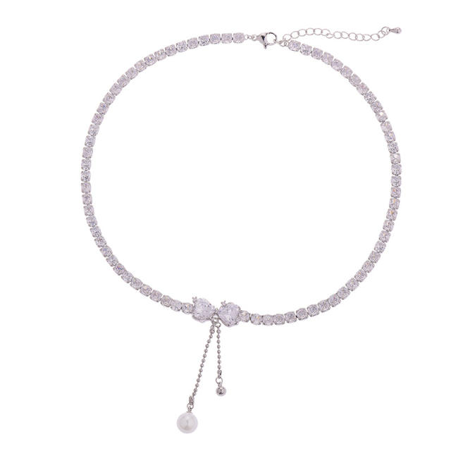 Diamond tennis chain bow choker necklace