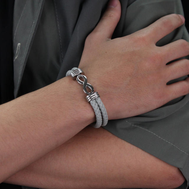 Popular stainless steel infinity symbol PU leather bracelet for men