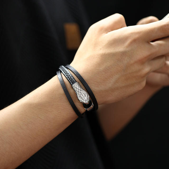 Personality snake PU leather layer bracelet for men