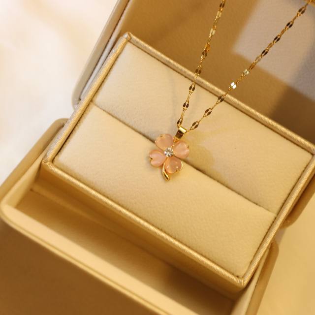 Opal stone colorful clover pendant stainless steel chain necklace