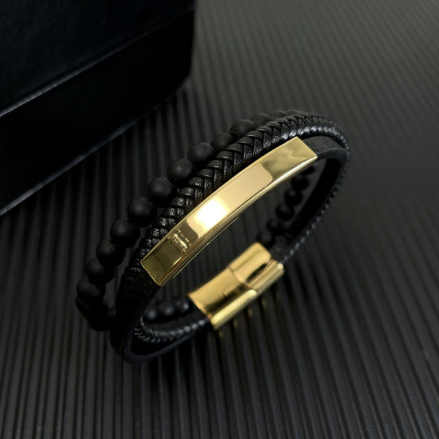 Vintage layer glass bead pu leather bracelet for men
