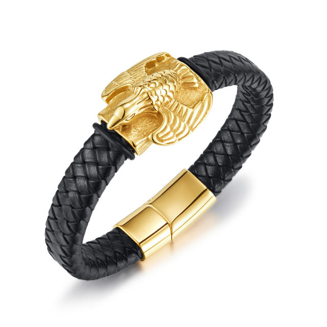 Punk trend gold color eagle PU leather bracelet for men