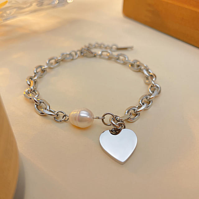 Chic pearl bead heart charm stainless steel chain bracelet