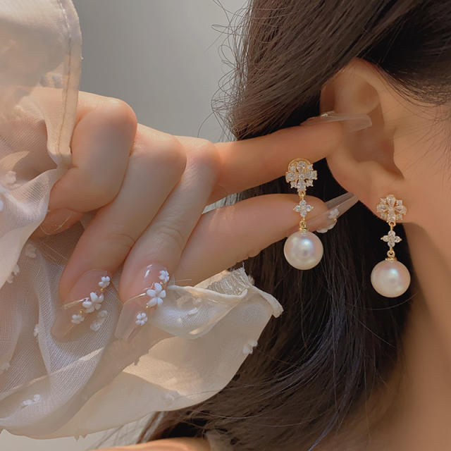 Elegant pearl drop cubic zircon copper long earrings