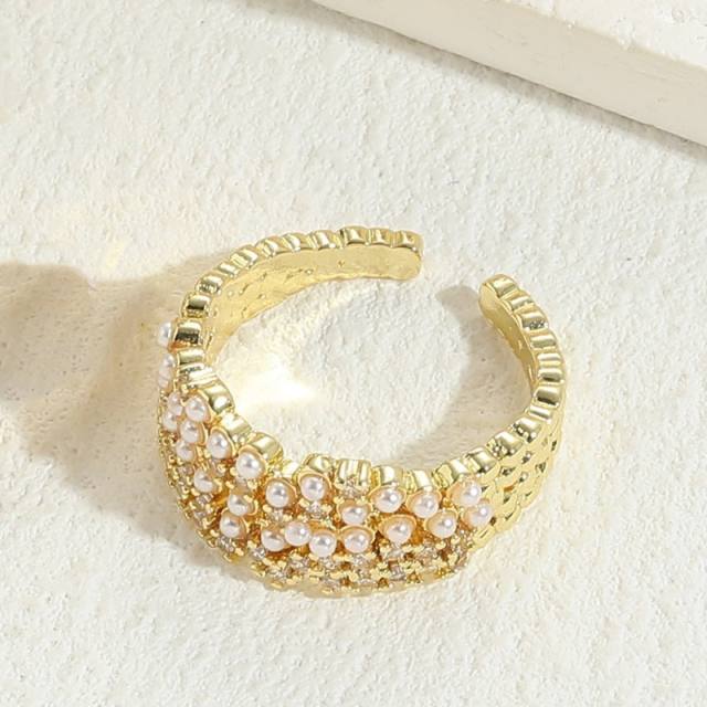 INS trend luxury cubic zircon pearl bead copper adjustable rings