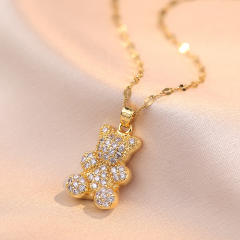 Diamond bear pendant stainless steel chain necklace
