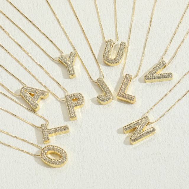 14K real gold plated diamond initial letter pendant copper necklace
