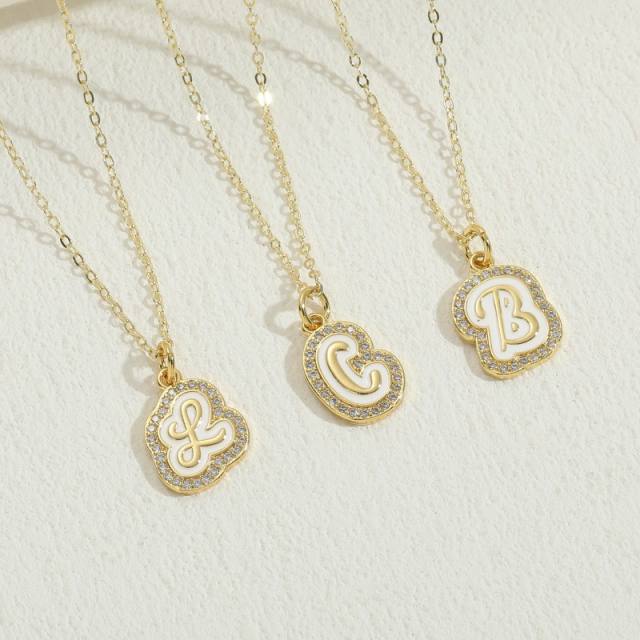 Unique whtie enamel initial pendant diamond copper necklace