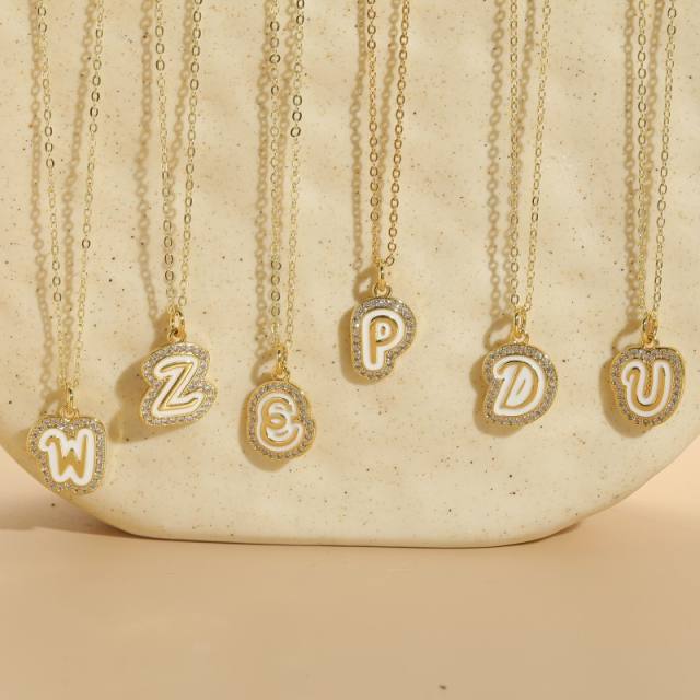 Unique whtie enamel initial pendant diamond copper necklace