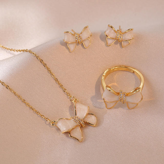 Sweet cute bow dainty stainless steel chain necklace set