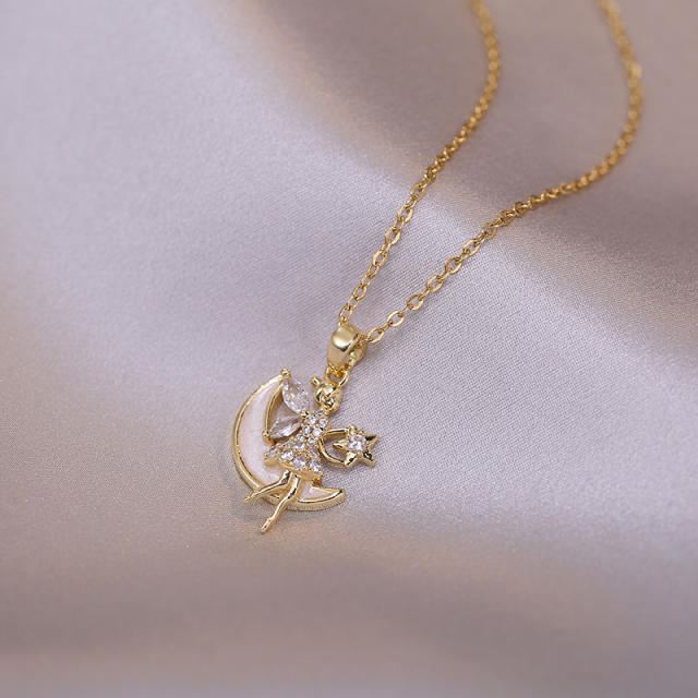 Delicate moon lady pendant stainless steel chain necklace