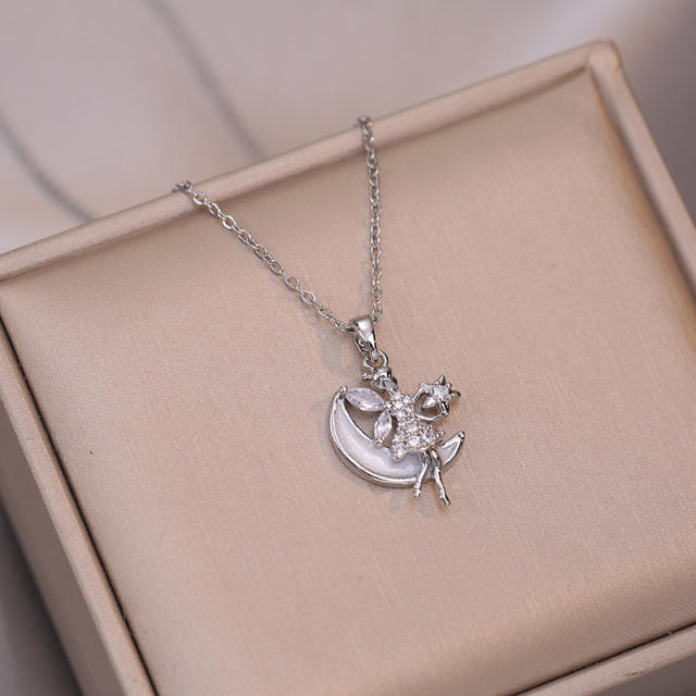 Delicate moon lady pendant stainless steel chain necklace
