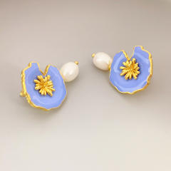 Vintage light blue enamel flower pearl copper drop earrings