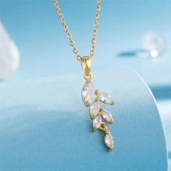 Chic diamond leaf pendant stainless steel chain necklace