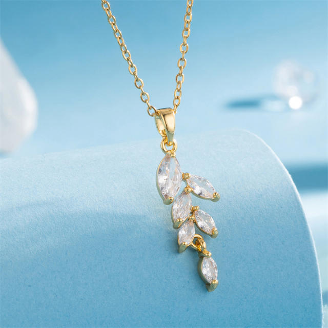 Chic diamond leaf pendant stainless steel chain necklace
