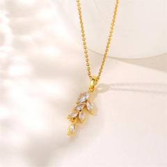 Chic diamond leaf pendant stainless steel chain necklace