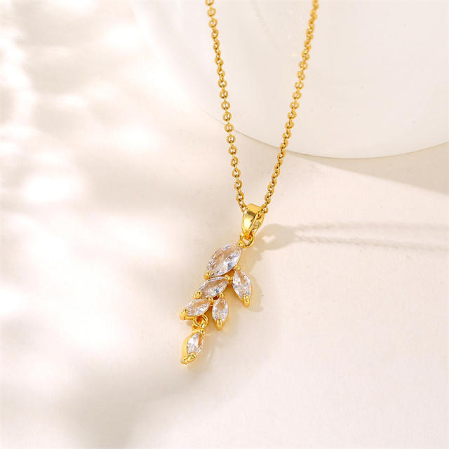 Chic diamond leaf pendant stainless steel chain necklace