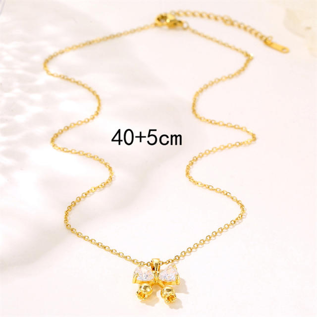 Sweet diamond bow pendant stainless steel chain necklace
