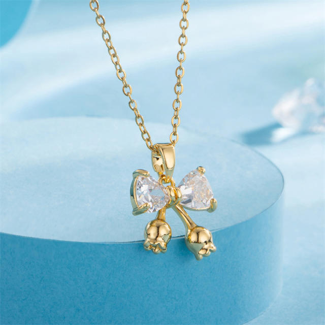 Sweet diamond bow pendant stainless steel chain necklace