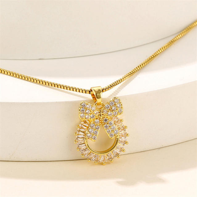 Delicate diamond bow circle pendant stainless steel chain necklace