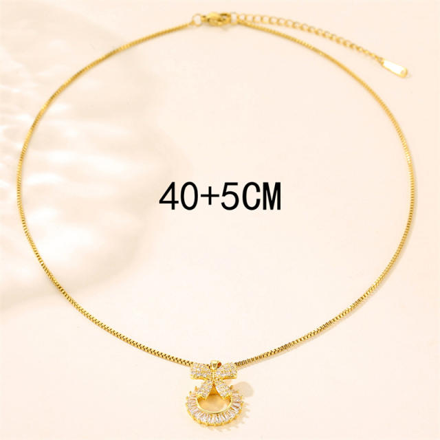 Delicate diamond bow circle pendant stainless steel chain necklace