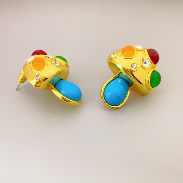 Cute color cubic zircon turquoise mushroom gold plated copper earrings