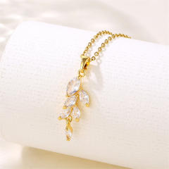 Chic diamond leaf pendant stainless steel chain necklace