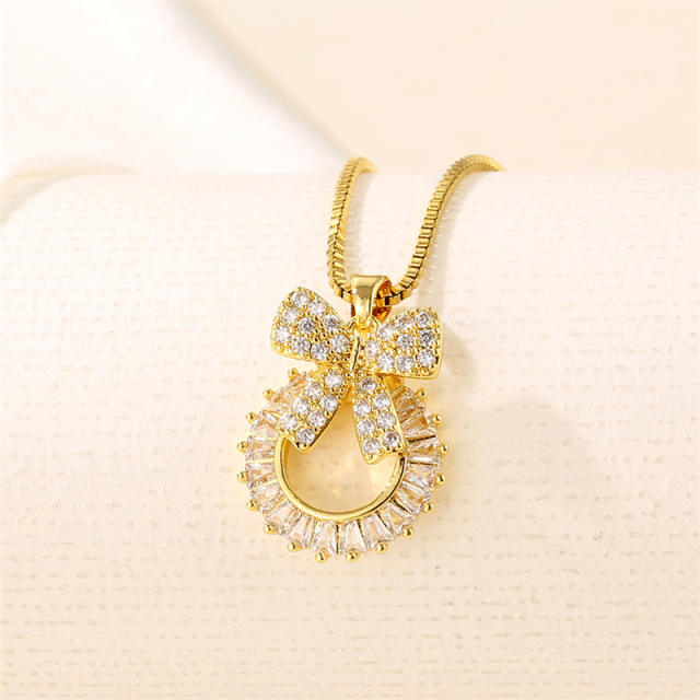 Delicate diamond bow circle pendant stainless steel chain necklace