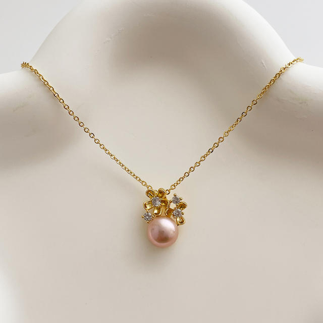 14K dainty pearl flower pendant necklace for women
