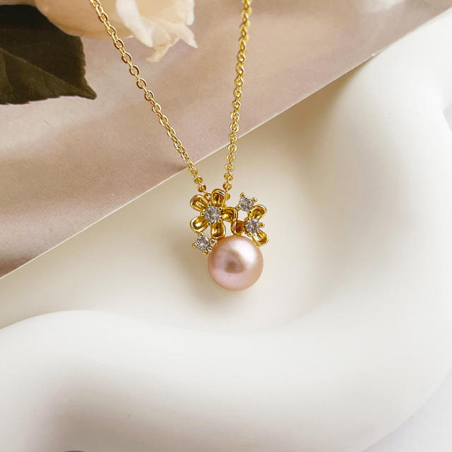 14K dainty pearl flower pendant necklace for women