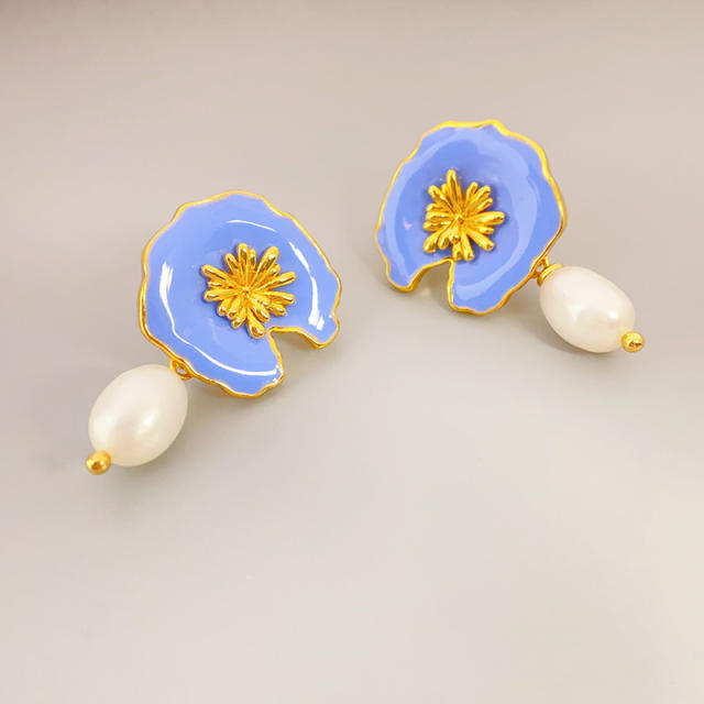Vintage light blue enamel flower pearl copper drop earrings