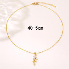 Chic diamond leaf pendant stainless steel chain necklace