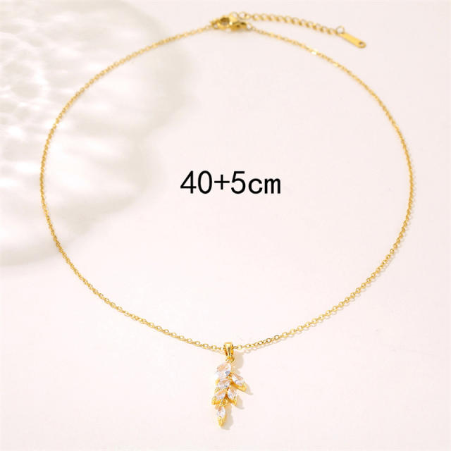 Chic diamond leaf pendant stainless steel chain necklace