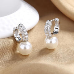 Elegant diamond pearl copper huggie earrings