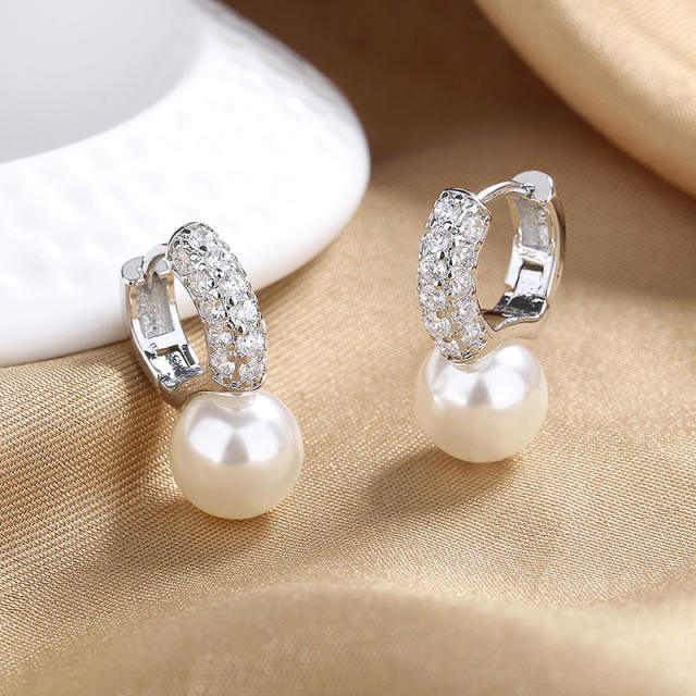 Elegant diamond pearl copper huggie earrings
