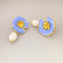 Vintage light blue enamel flower pearl copper drop earrings