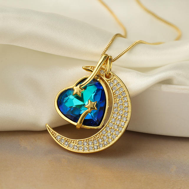 Hot sale dainty moon heart pendant copper necklace