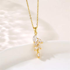 Chic diamond leaf pendant stainless steel chain necklace
