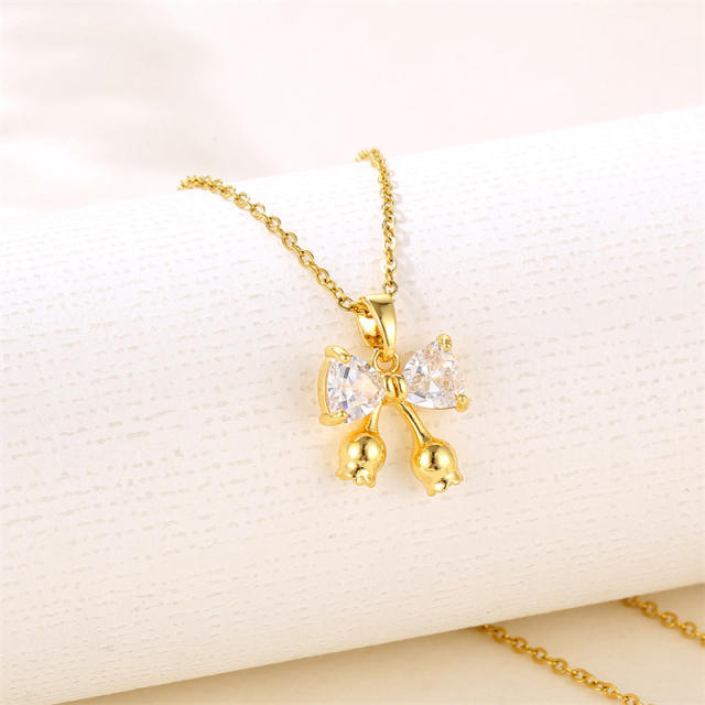 Sweet diamond bow pendant stainless steel chain necklace