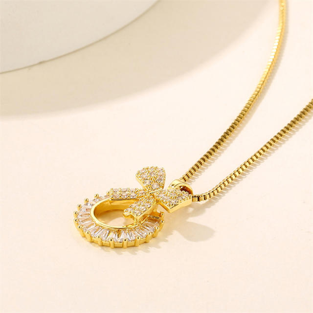 Delicate diamond bow circle pendant stainless steel chain necklace